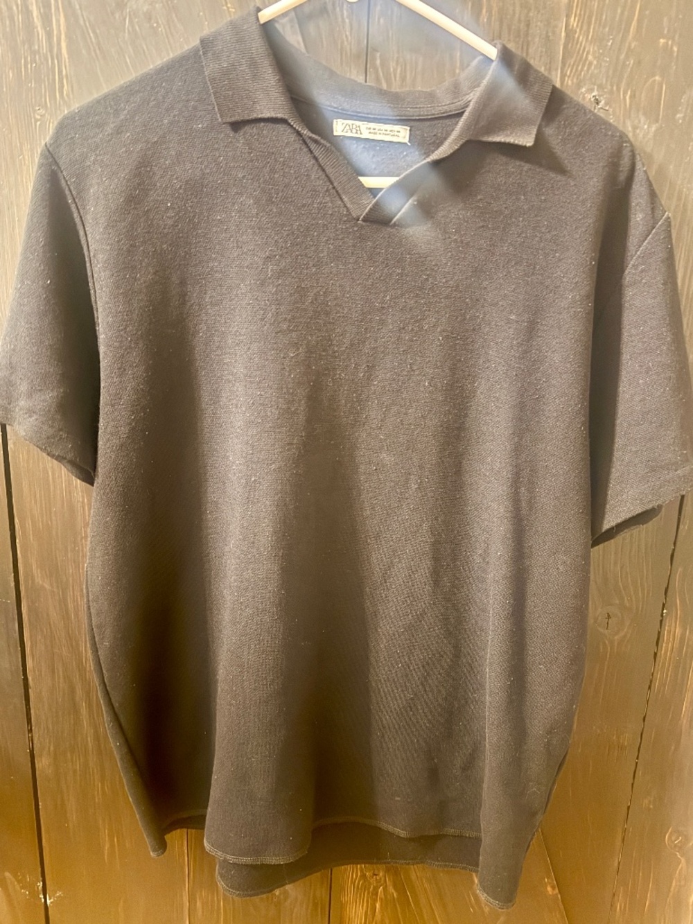 Zara Men's Open Collar Fine Knit Sweater Short Sleeve Polo Black Medium retro